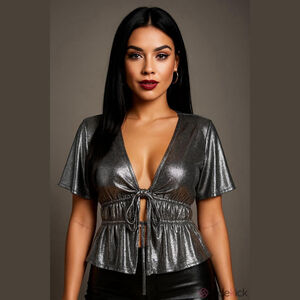 ASOS Silver Metallic Tie-Front Blouse - Size US 0